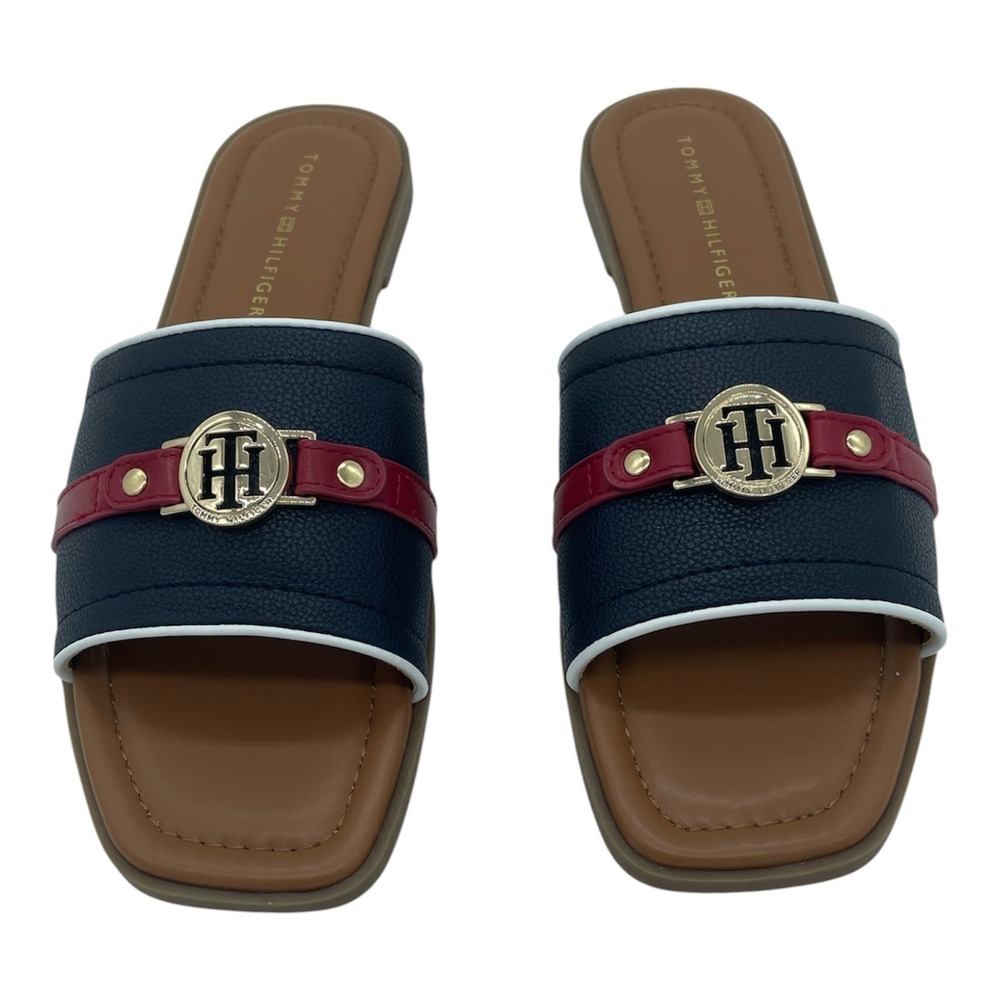 Tommy Hilfiger Womens Navy Red Flat Slide Sandals Square Toe Gold TH Logo 8.5